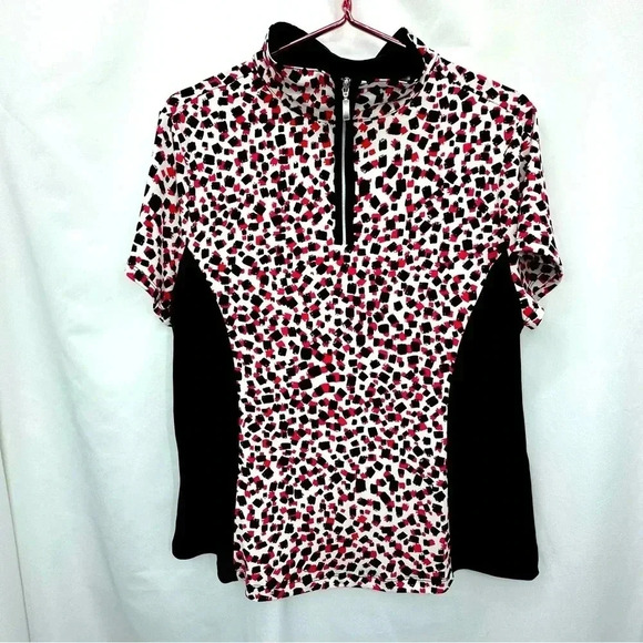 Weekends by Chico’s Woman’s Top 2 Large Black White Pink Zip Up Short Sleeve - Picture 1 of 11